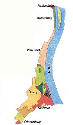 Karte mit eingezeichneten Weinlagen am Rhein